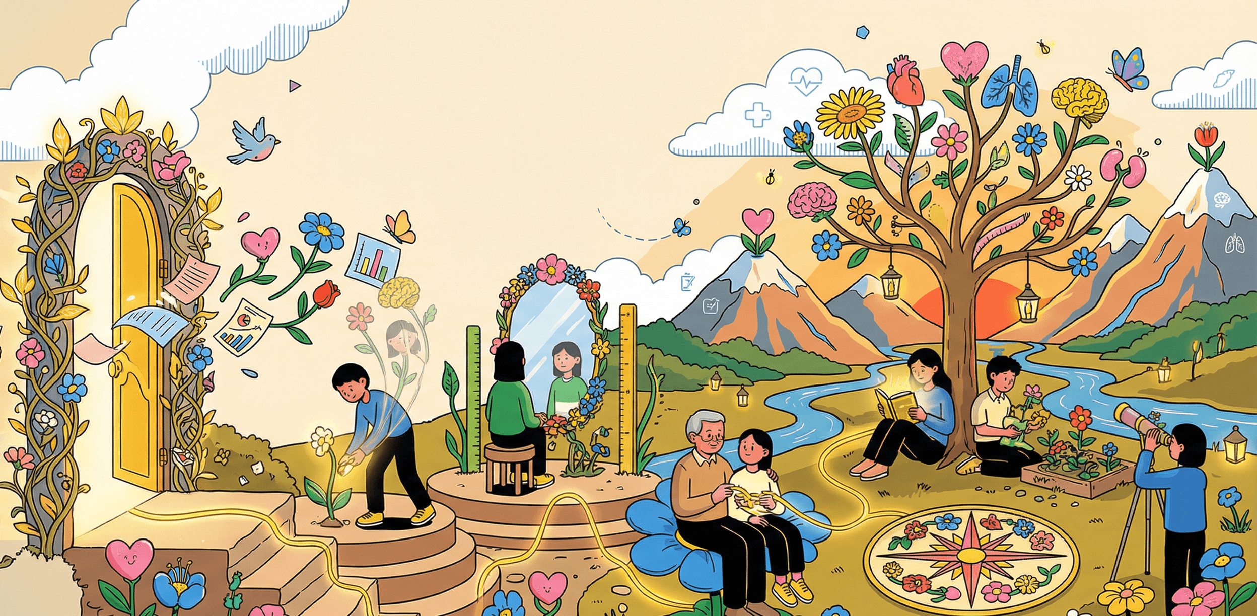 Illustrated BioMedli health journey with lab reports, mountains, flowers, and people exploring health data